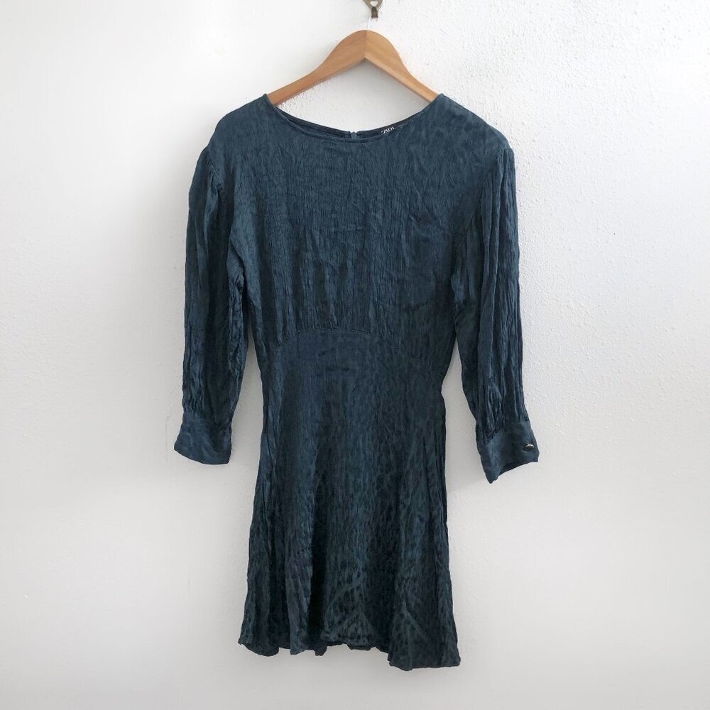 ZARA Teal Jacquard Long Sleeve Animal‎ Print Dress Size XS